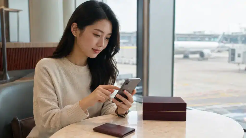 공항 라운지에서 기내면세 화장품 구매 정보를 확인하는 여성