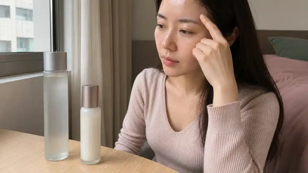 창가에서 피부 유분 상태와 기초화장품을 살펴보는 여성
