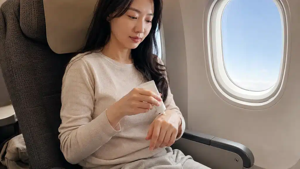 비행기 좌석에서 여행용 보습제를 손등에 바르는 여성