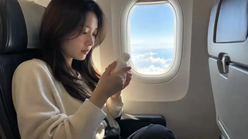 비행기 창가 좌석에서 작은 로션 용기의 성분표를 살펴보는 여성