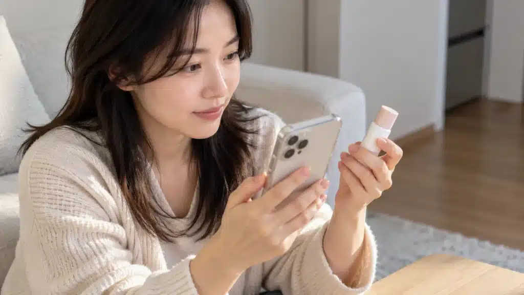 집에서 스마트폰의 로션 후기를 보며 실제 작은 로션 용기를 함께 살펴보는 여성