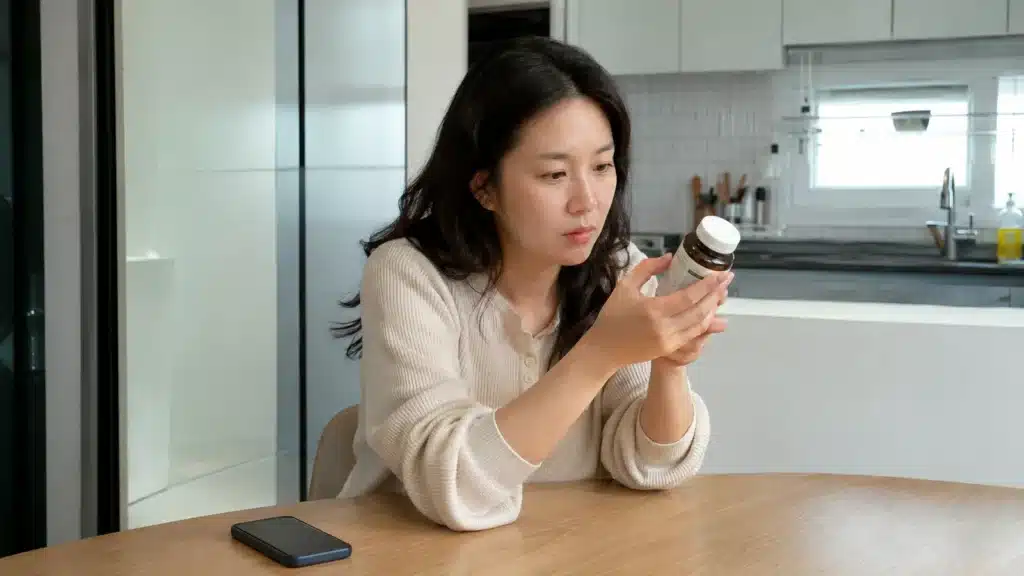 집에서 피부 영양제 용기의 섭취 정보를 확인하는 여성