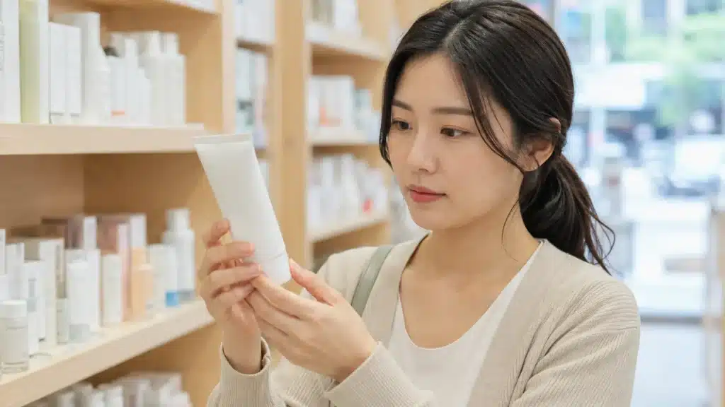 약국 스킨케어 진열대에서 진정 크림 용기를 확인하는 여성
