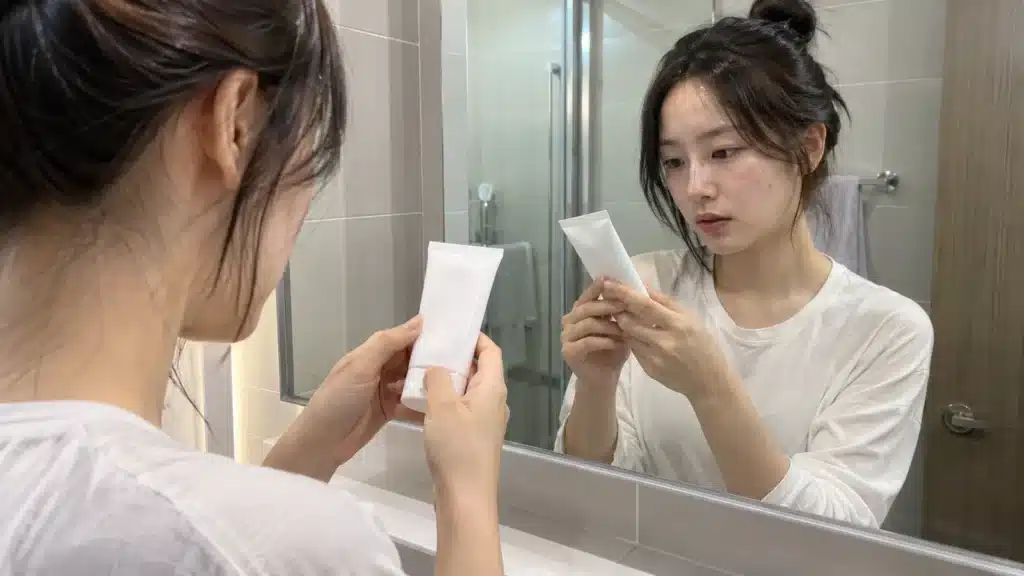 밝은 욕실 거울 앞에서 바르기 전 징크 크림 튜브의 뒷면을 확인하는 여성