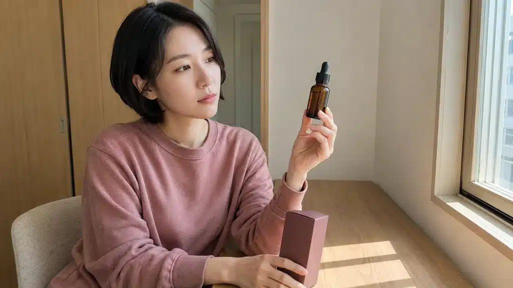 창가에서 갈색 세럼 용기와 차광 포장을 확인하는 여성