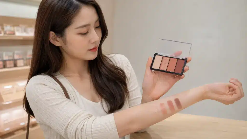 화장품 매장에서 네 가지 아이섀도 색상을 팔에 비교하는 여성