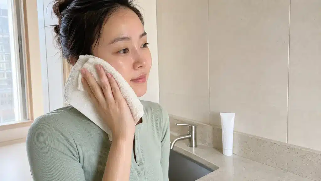 아침 세안 뒤 수건으로 볼을 눌러 피부 상태를 확인하는 여성