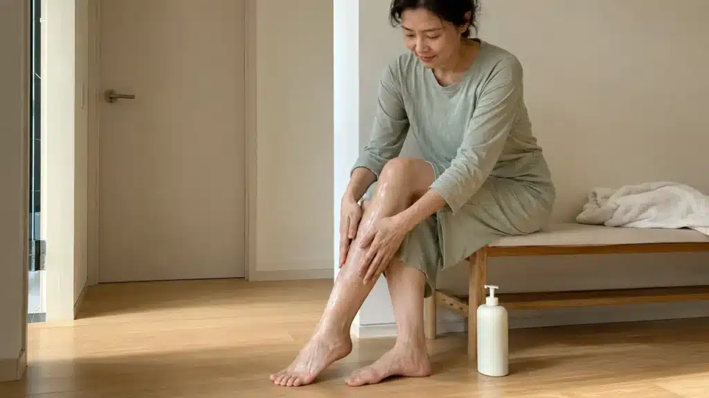 샤워 뒤 벤치에 앉아 다리에 보습제를 바르는 여성