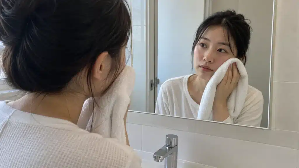 밝은 욕실에서 붉고 따가운 볼 상태를 거울로 확인하며 깨끗한 수건을 대는 여성