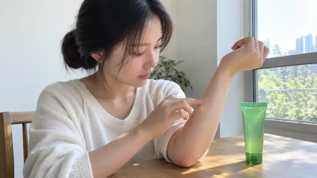 팔 안쪽에 소량의 수딩젤을 바르며 사용감을 확인하는 여성