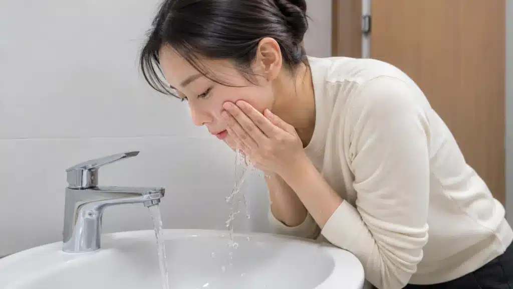 흐르는 시원한 물로 얼굴을 식히는 여성