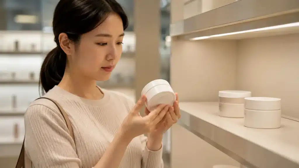 화장품 매장에서 크림 용기의 포장 정보를 비교하는 여성