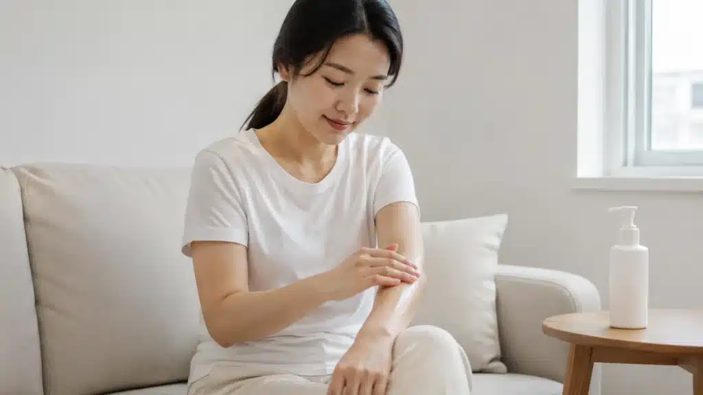 거실에서 팔에 보습제를 부드럽게 바르는 여성