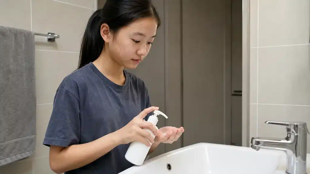 욕실에서 순한 세안제를 손바닥에 덜어 쓰는 청소년