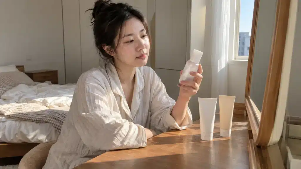 침실 화장대에서 에센스 병과 두 튜브를 살펴보며 루틴을 고르는 여성