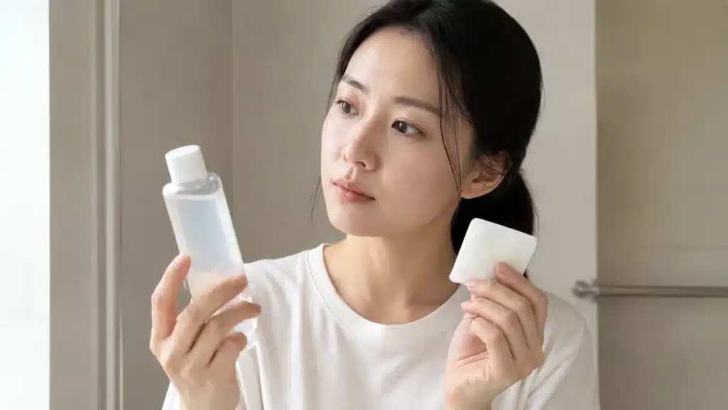 토너 용기와 화장솜을 들고 사용 전 확인하는 여성