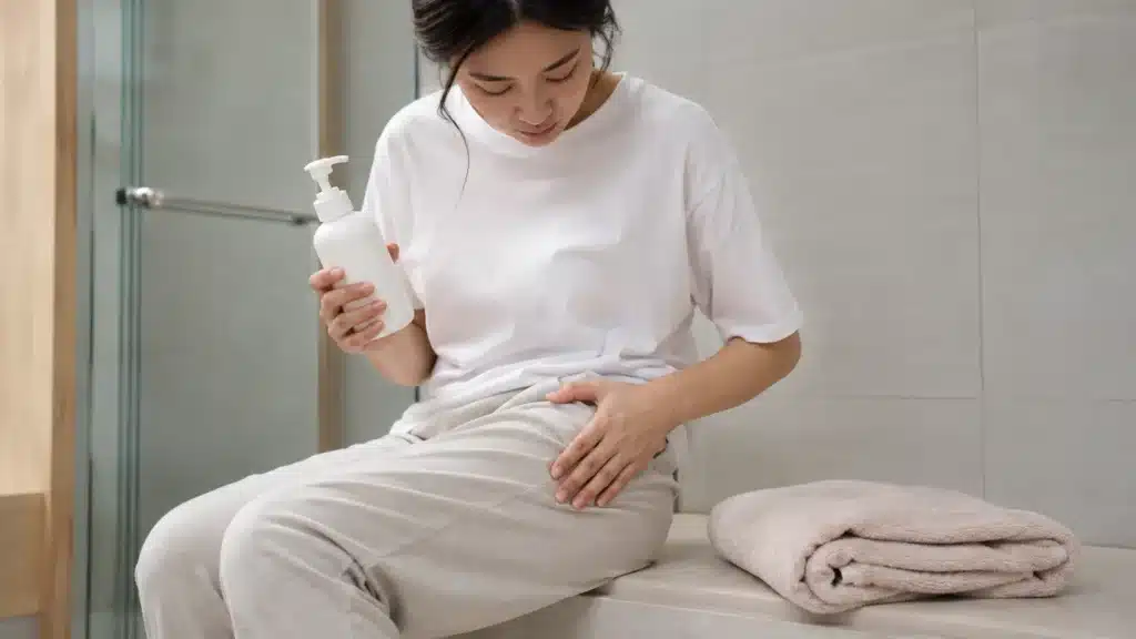 보습제를 들고 허벅지 각질 관리 순서를 점검하는 여성
