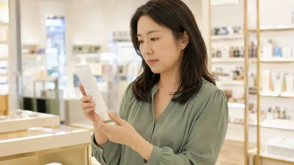 화장품 매장에서 크림 용기 뒷면을 확인하는 여성