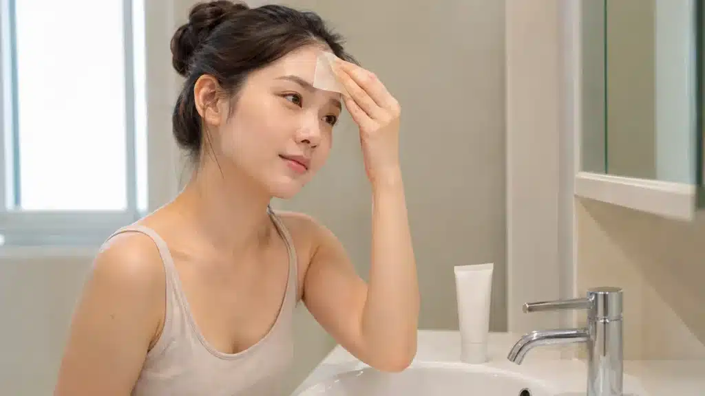 욕실에서 이마의 유분을 부드럽게 닦는 여성