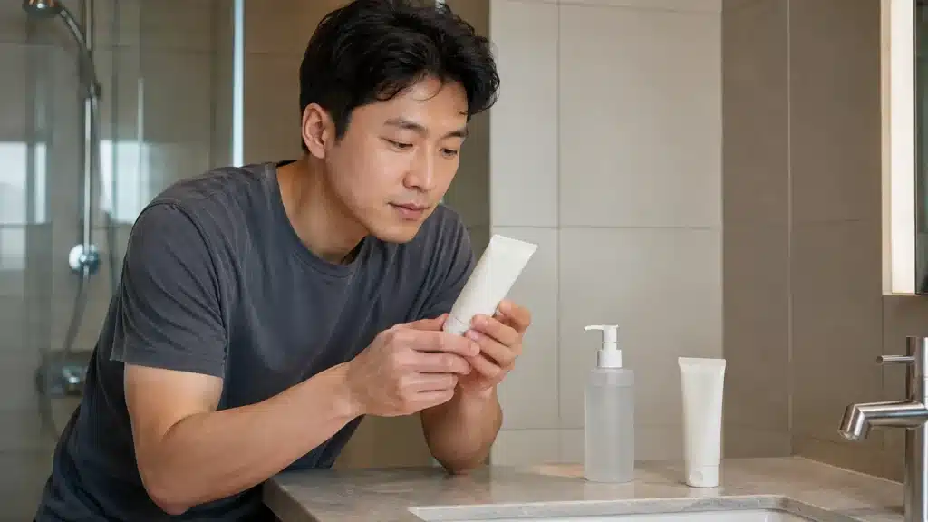 세면대 앞에서 최소 스킨케어 제품을 확인하는 남성