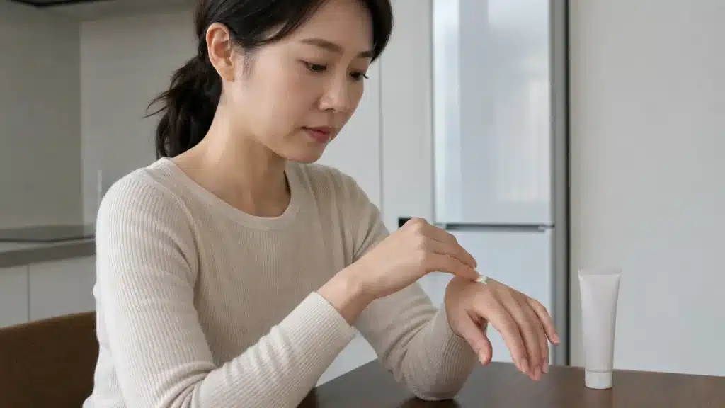식탁에서 손가락과 손등에 보습제를 바르는 여성