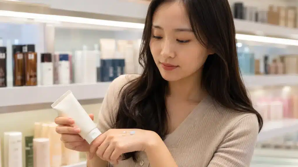 화장품 매장에서 손등으로 제형을 비교하는 여성