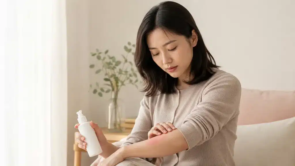 화장품 사용을 멈추고 팔의 피부 상태를 살피는 여성