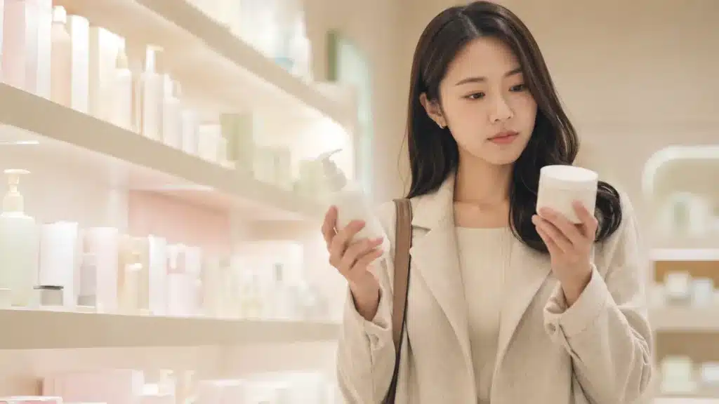 매장에서 로션과 크림 용기를 비교하는 여성