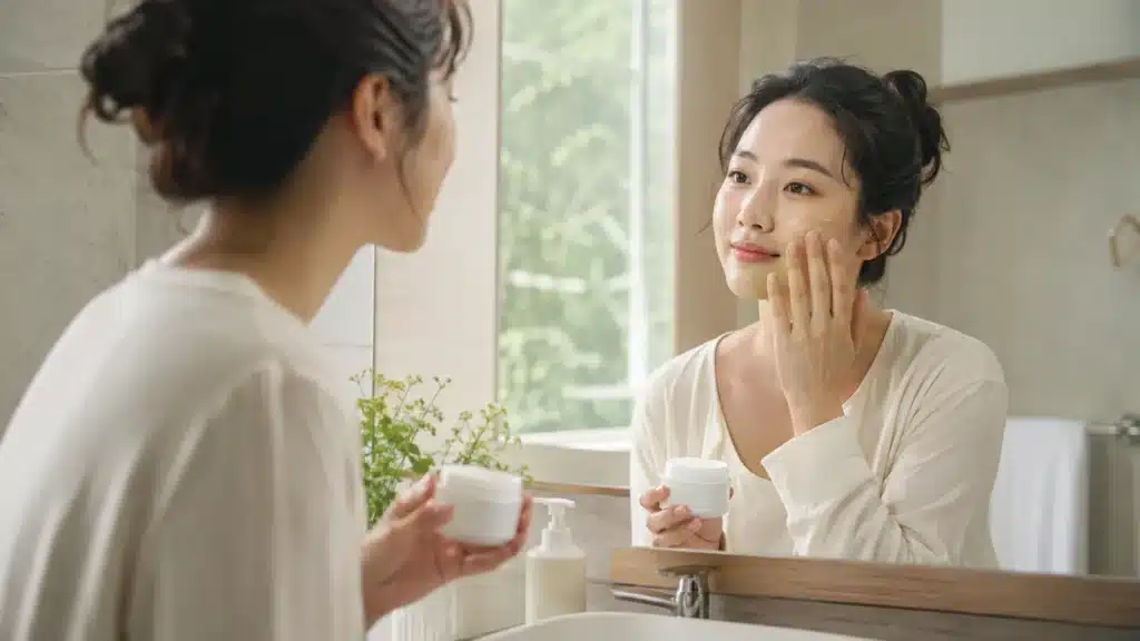 욕실에서 최소 보습 루틴으로 피부 장벽을 관리하는 여성