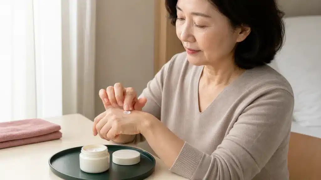 나이 대신 피부 상태와 크림 제형을 확인하는 중년 여성