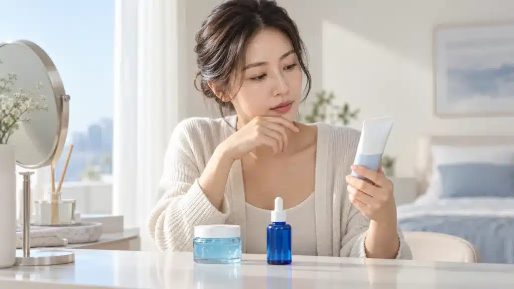 무표기 아줄렌 겔 앰플 크림의 성분표를 비교하는 여성