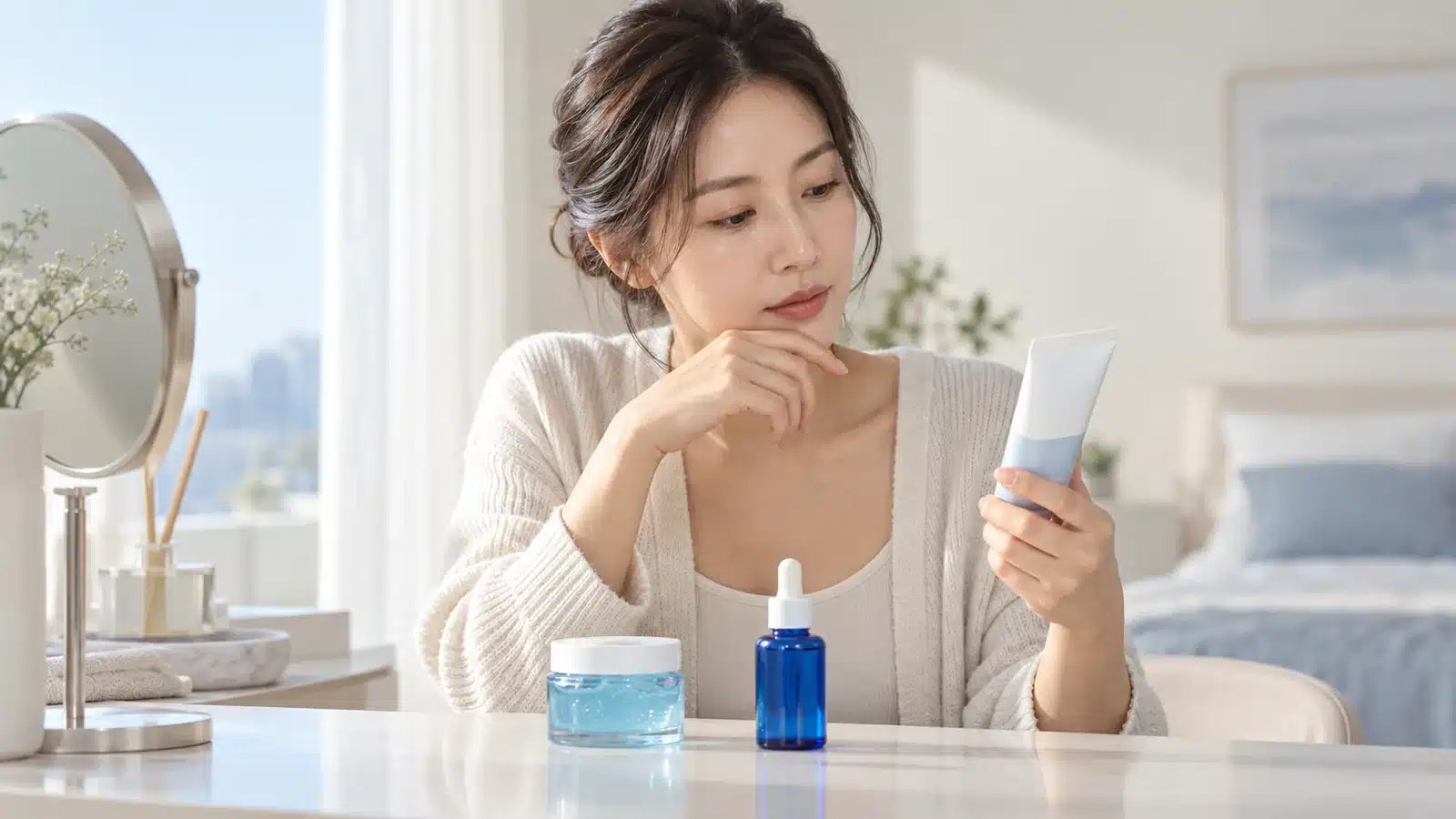 무표기 아줄렌 겔 앰플 크림의 성분표를 비교하는 여성