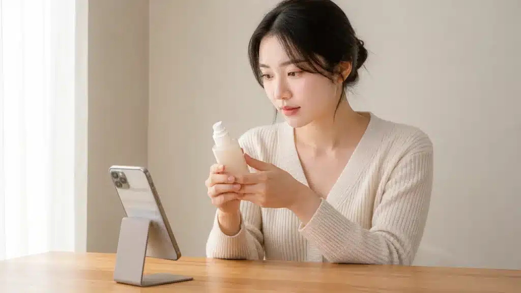 화장대에서 스마트폰과 무표기 화장품 용기를 비교하며 추천 조건을 확인하는 여성