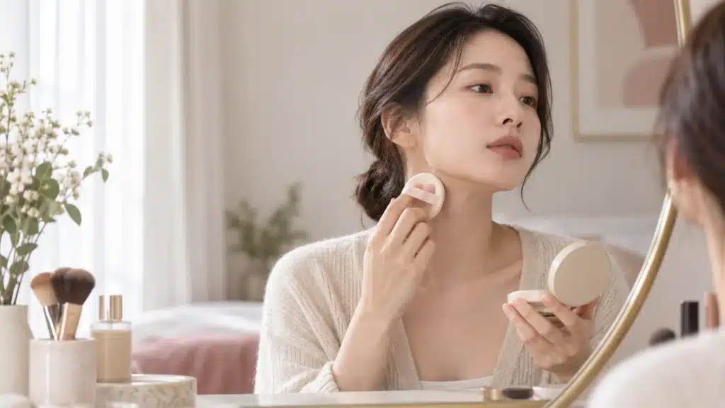 쿠션을 바른 뒤 얼굴과 목의 밝기 경계를 확인하는 여성