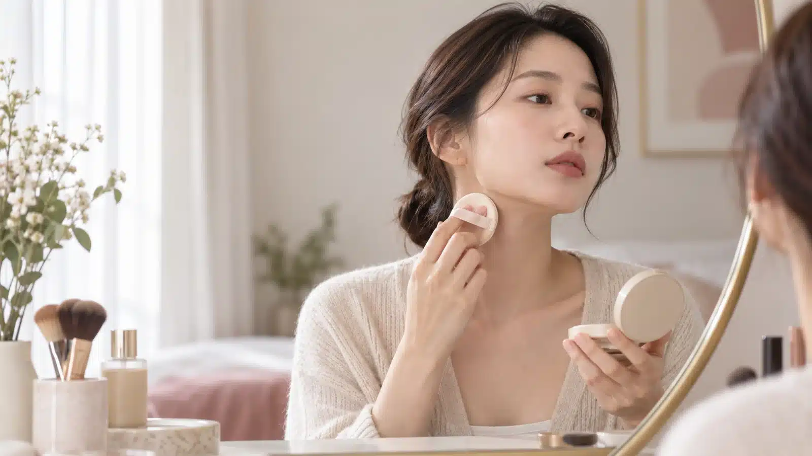 쿠션을 바른 뒤 얼굴과 목의 밝기 경계를 확인하는 여성