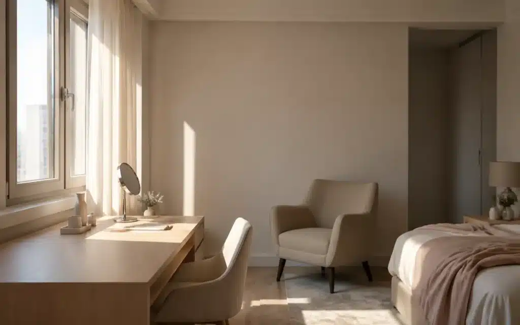 창가 책상과 햇빛이 직접 닿지 않는 실내 의자가 함께 보이는 방