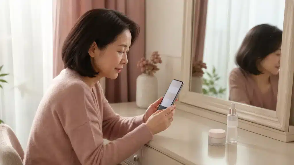 화장대에서 스마트폰으로 진설 제품의 예산과 기존 루틴을 비교하는 여성