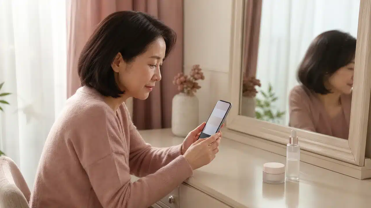 화장대에서 스마트폰으로 진설 제품의 예산과 기존 루틴을 비교하는 여성