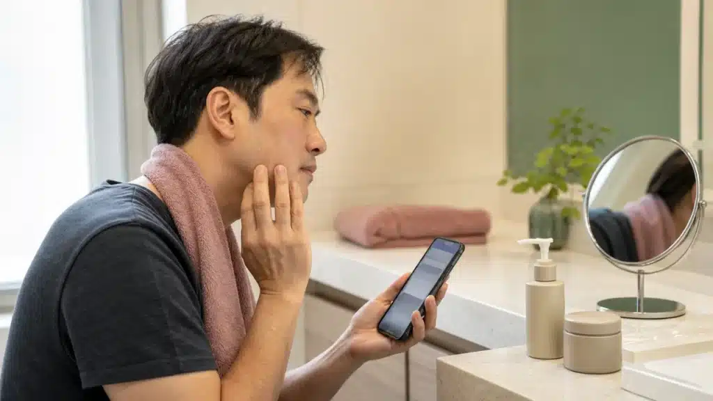 면도 후 거울과 스마트폰을 보며 로션과 크림 제형을 비교하는 남성