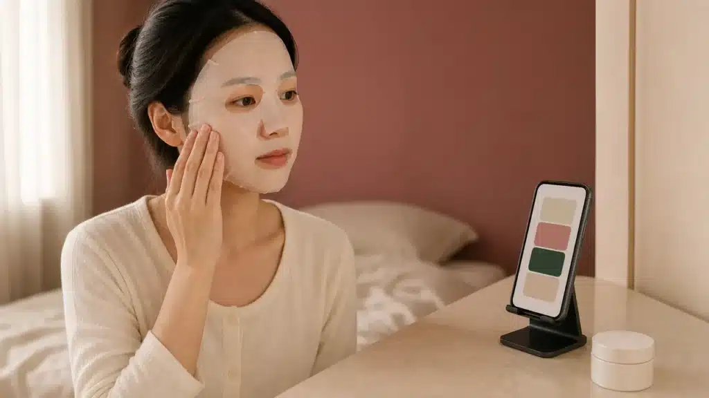 화장대에서 스마트폰 순서를 보며 시트 마스크를 정돈하는 여성