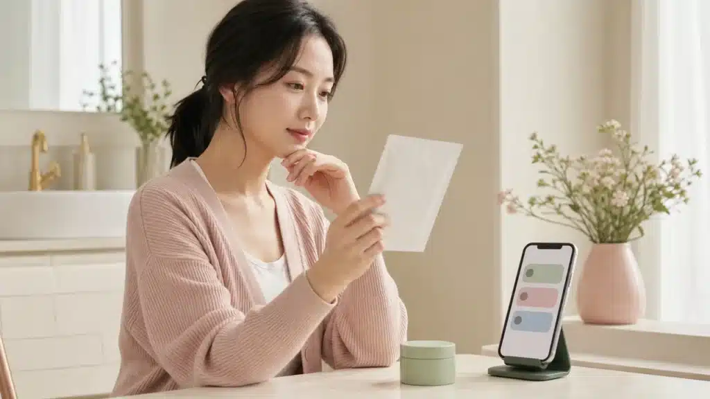 화장대에서 스마트폰 피부 상태 화면을 보며 시트팩과 클레이팩을 비교하는 여성