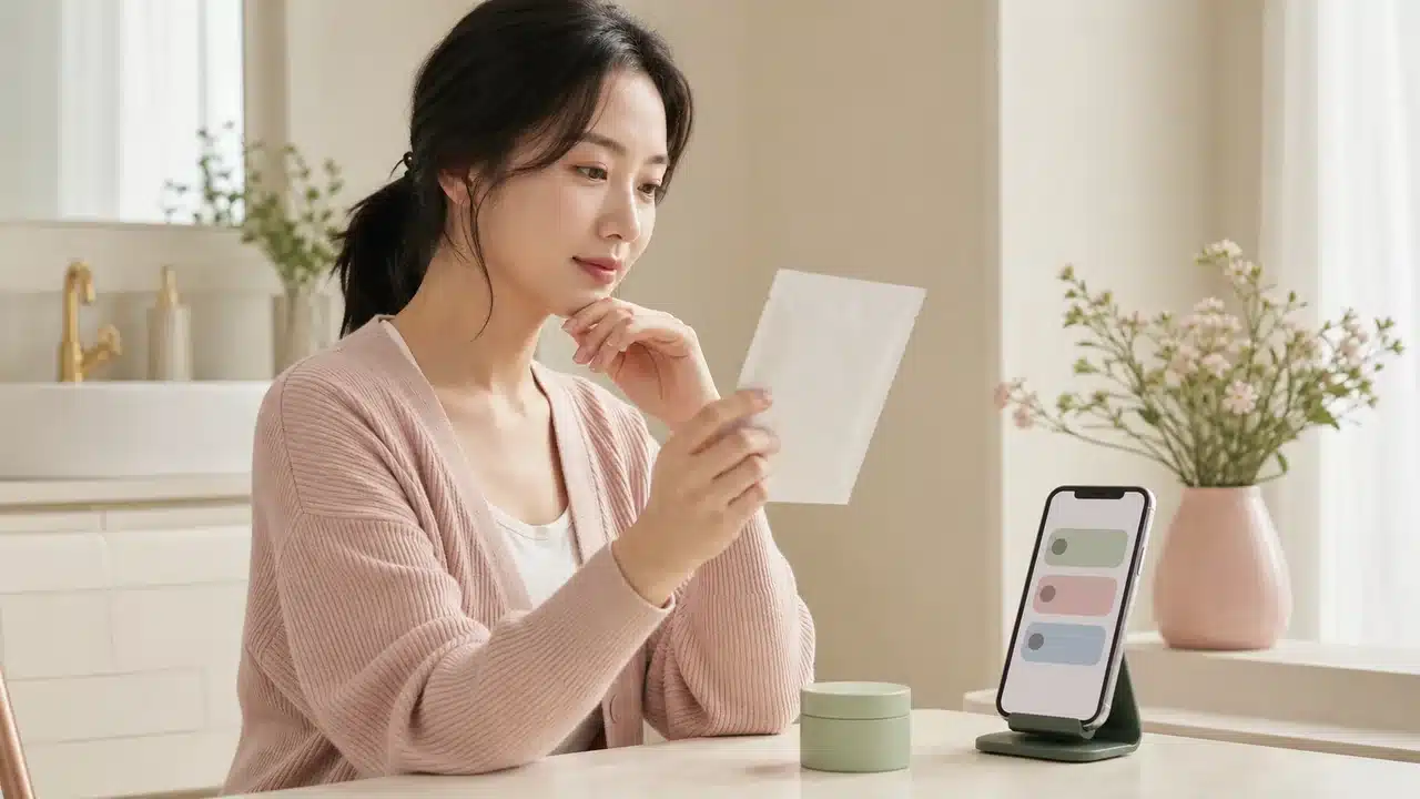 화장대에서 스마트폰 피부 상태 화면을 보며 시트팩과 클레이팩을 비교하는 여성