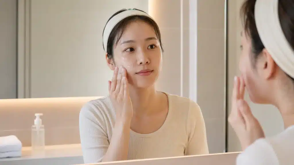 거울을 보며 손끝으로 부드럽게 세안하는 여성