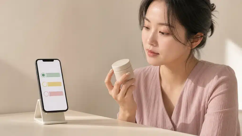 화장대에서 스마트폰 성분 확인 화면과 무표시 마스크팩 용기를 비교하는 여성