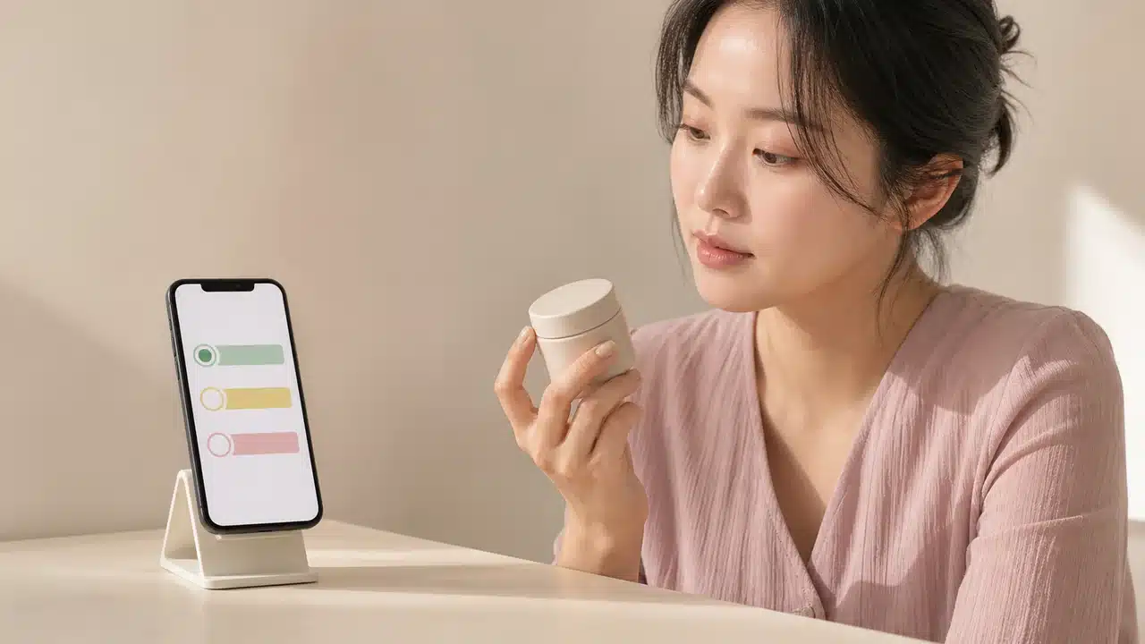 화장대에서 스마트폰 성분 확인 화면과 무표시 마스크팩 용기를 비교하는 여성