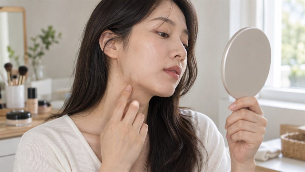 자연광에서 턱선에 바른 두 쿠션 색상 샘플을 거울로 비교하는 예시 장면