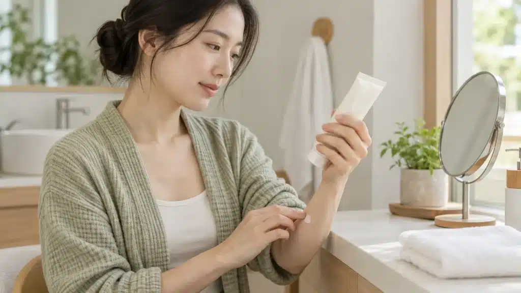 화장품 라벨을 확인하고 팔 안쪽에 소량 시험하는 모습