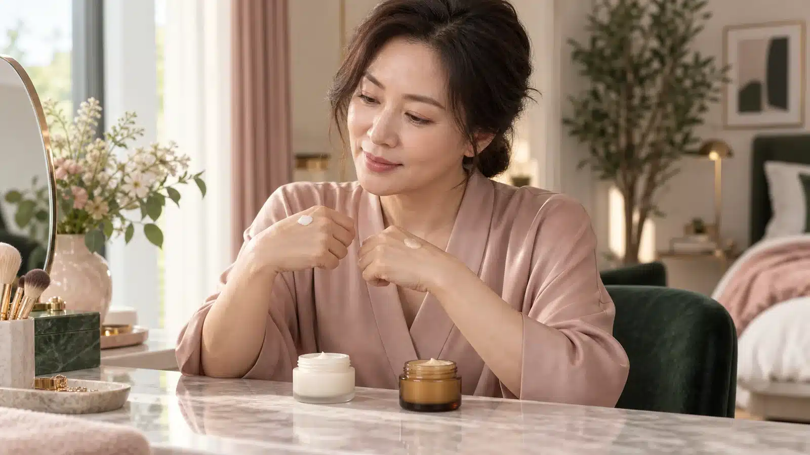 두 가지 무표기 크림을 손등에 덜어 사용감을 비교하는 여성