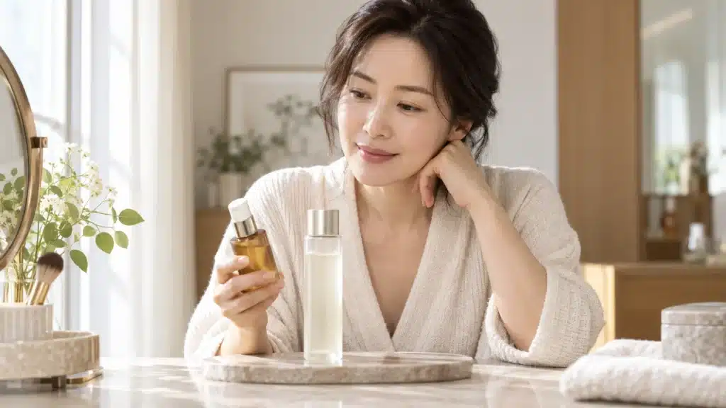 상표가 없는 두 가지 첫 단계 에센스를 비교하는 여성