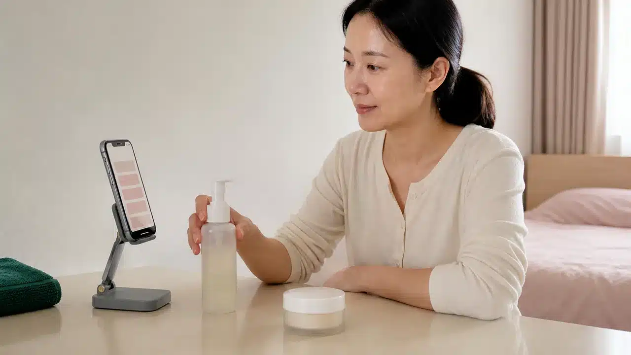 화장대에서 스마트폰으로 설화수 바르는 순서를 확인하는 여성
